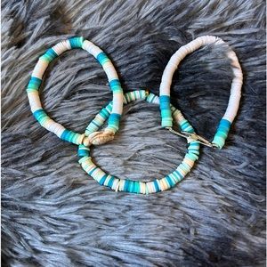 Teal and White Light Ocean Artisan Clay Bracelet Stack